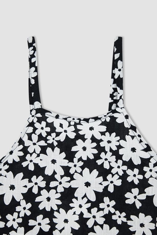 Kız Çocuk Çiçek Desenli Askılı Poplin Elbise - 8