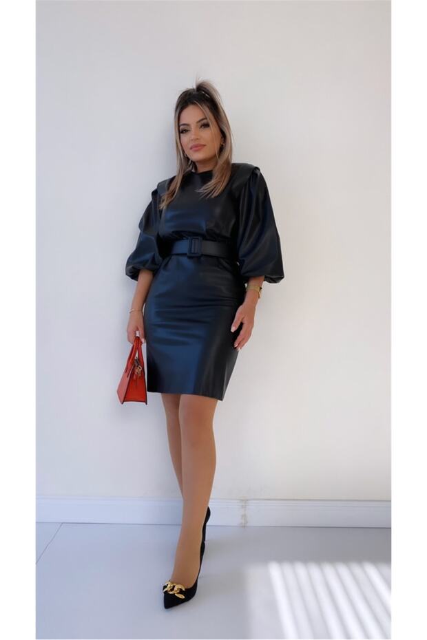 Balloon Sleeve Belted Leather Dress Black