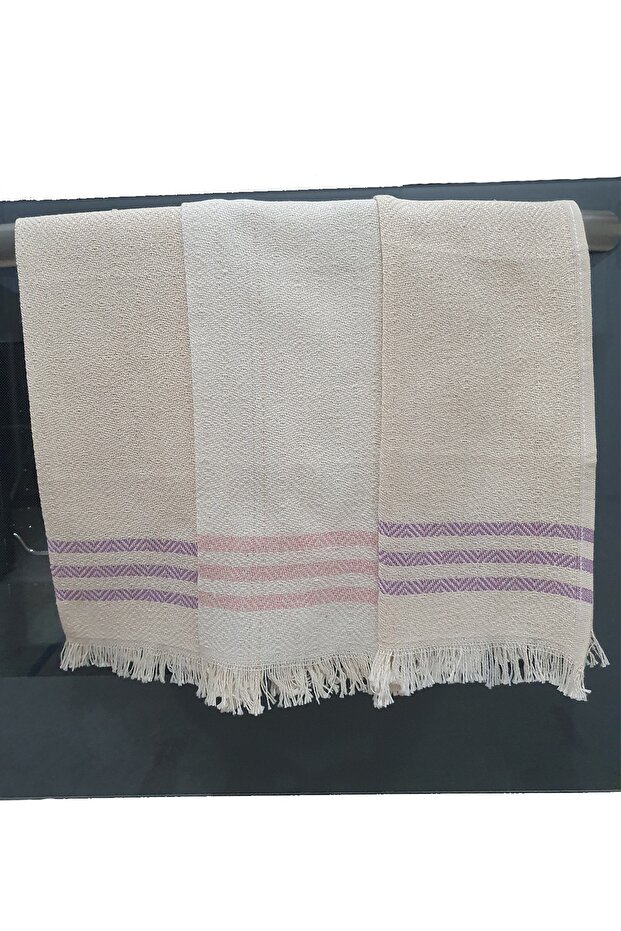 3 Pieces 30X50 cm - Natural Purple Bordered Loincloth Serving Napkin and Kitchen Towel Drying Cloth
