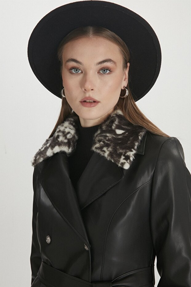 Leather Long Coat with Fur Detail