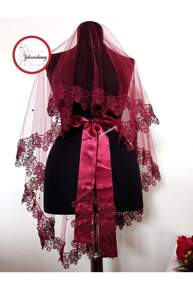 Burgundy Pearl Laced Veil Belt Gloves Set