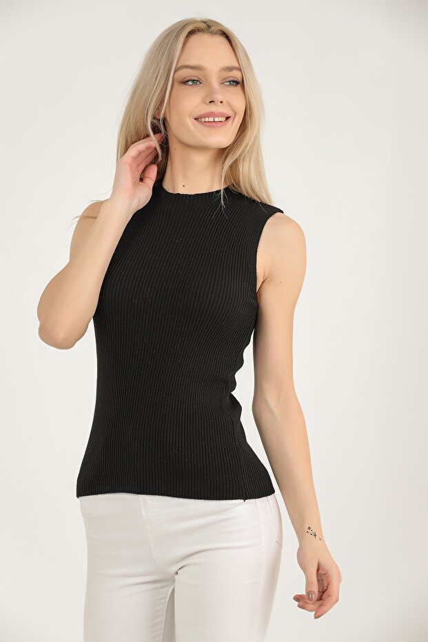 Women's Black Self-Collared Zero Sleeve Ribbed Stretchy Knitwear Sweater