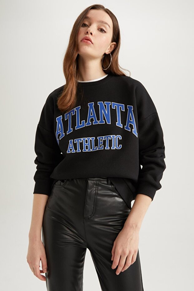 Bisiklet Yaka Slogan Baskılı Sweatshirt - 3