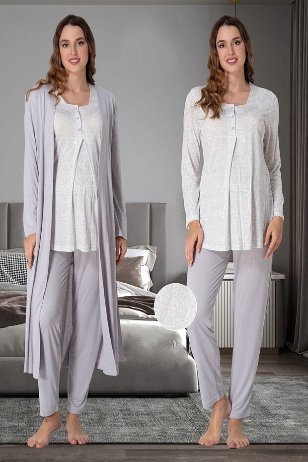 Women's Gray Dressing Gown Pregnant Maternity Pajama Set