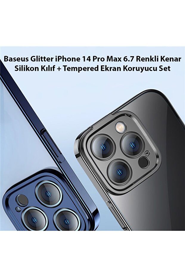 Glitter iPhone 14 Pro Max 6.7 Color Edge Silicone Case + Tempered Screen Protector Set - 2
