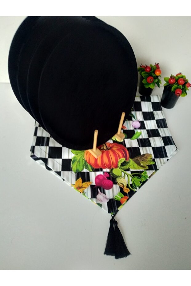Placemat Set (dama Makkenzie Pumpkin Patterned Tasseled Runner 4 Black Tableware