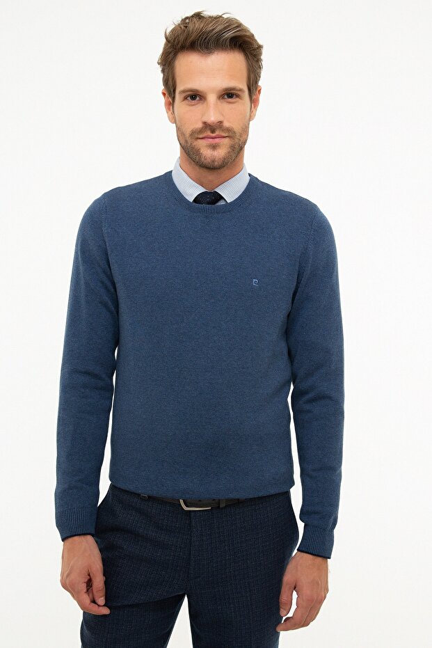 Men's Indigo Melange Slim Fit Crew Neck Basic Knitwear Sweater