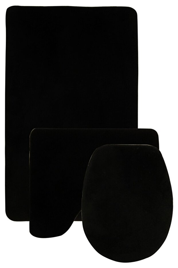 Damask 3-Piece Plain Black Ultrasoft Bathroom Rug Mat Set Non-Slip Base Toilet Seat Set