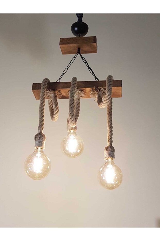 Halatlı Ahşap El Yapımı Avize 953- 3lü - 1