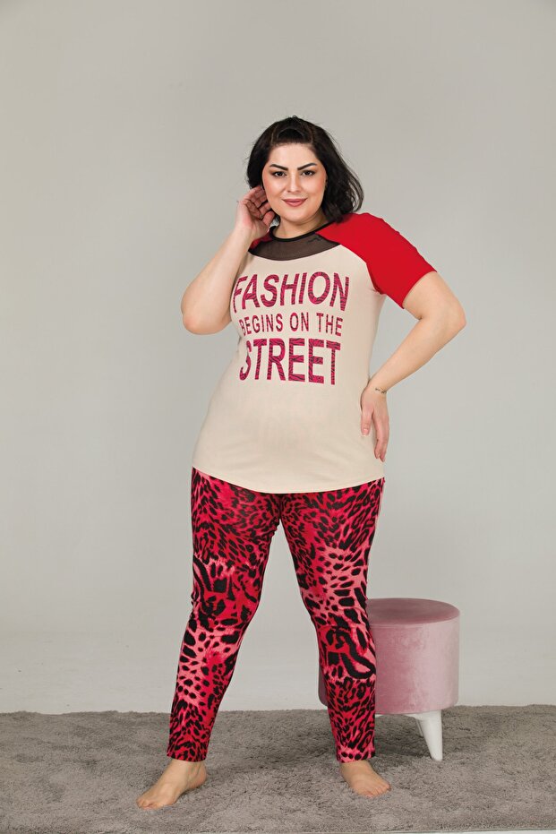 Red Leopard Pattern Large Size Pajama Set - 1