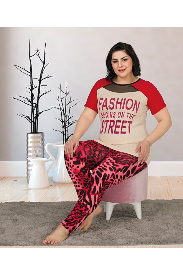 Red Leopard Pattern Large Size Pajama Set - 2