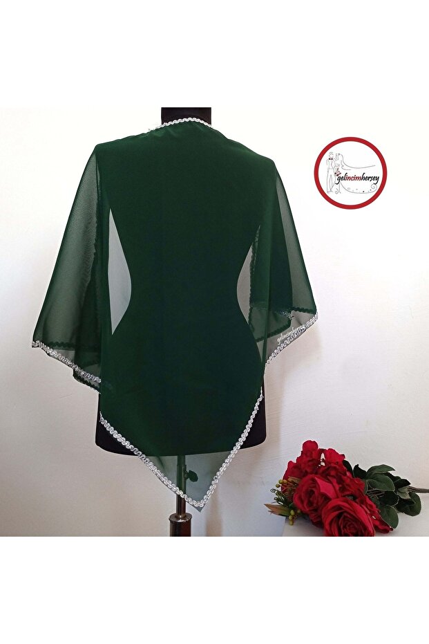 Green Silver Detailed Plain Groom Shawl Veil Cover