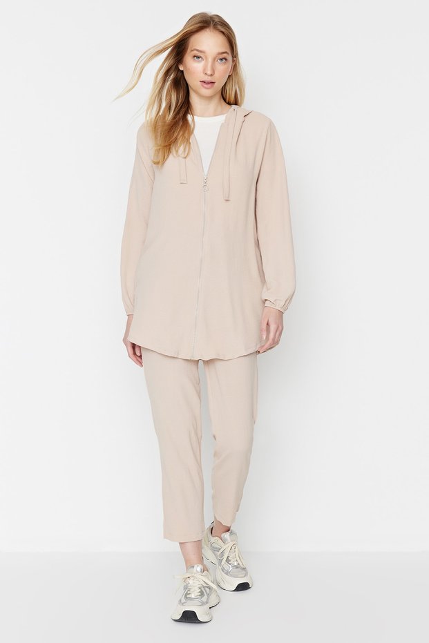 Stone Hooded Zippered Cardigan-Pants Woven Top-Bottom Set Tctss22Us0026