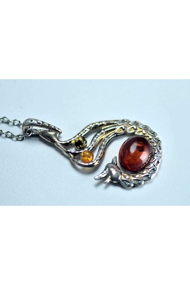 Damla Kehribar Anka Kuşü Gümüş Kolye Yüzük Set Takımı - 3