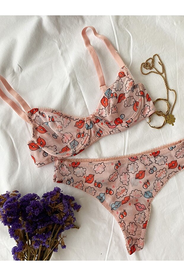Pink Patterned Tulle Underwear Set