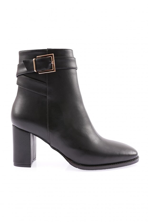 Black Wrinkled Women's Heeled Boots - Belt Detailed 2110162821