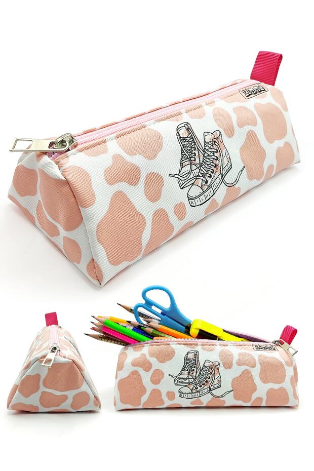 Pencil Case Cow Pattern Shoe Detailed Triangle Pencil Case Jumbo Vegan Leather Pen Holder - Pink (NUDE)