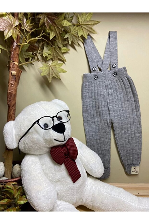 Buttoned Front Strap Ribbed Knitwear Gray Trousers
