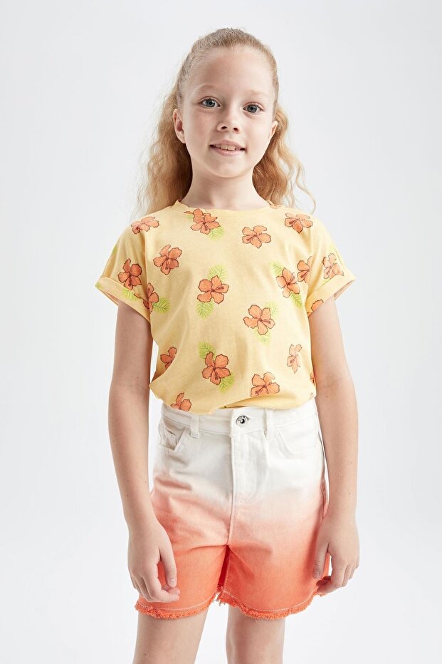 Girl's Regular Fit Floral Patterned Cotton Short Sleeve T-Shirt