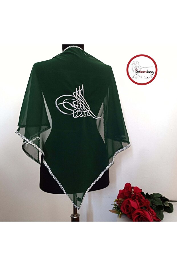 Green Silver Embroidered Tuğra Patterned Groom Shawl Veil Cover