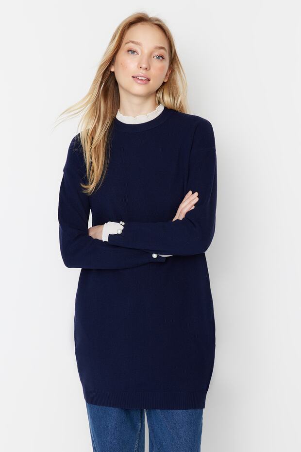 Marineblauer Strickpullover mit Perlendetails und Ärmeln TCTAW23AK00027 - 2