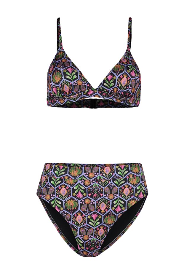 Çiçek Desenli Üçgen Kaplı Hipster Yüksek Bel Bikini Takımı TBESS22BT0016 - 6