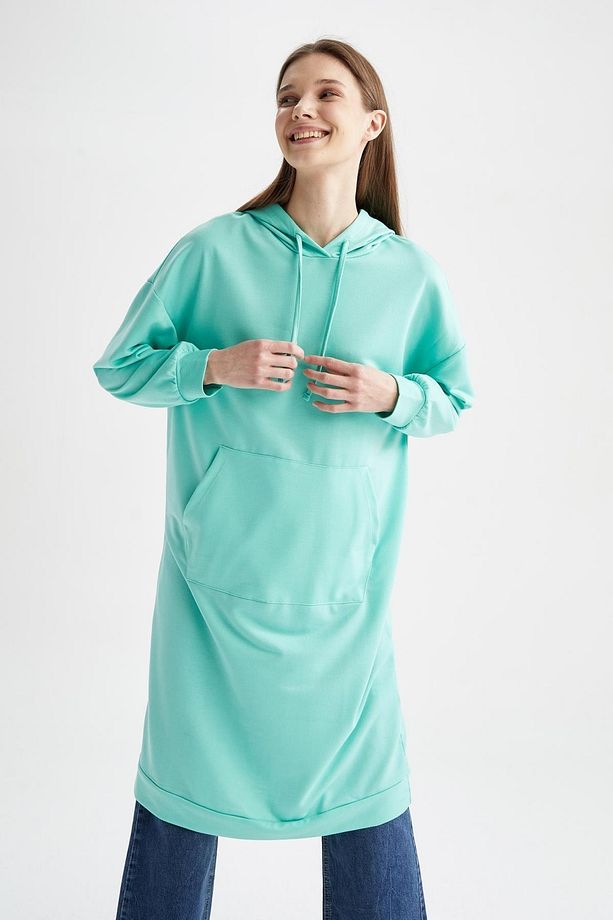 Oversize Fit Kapüşonlu Kanguru Cepli Sweatshirt Tunik - 5