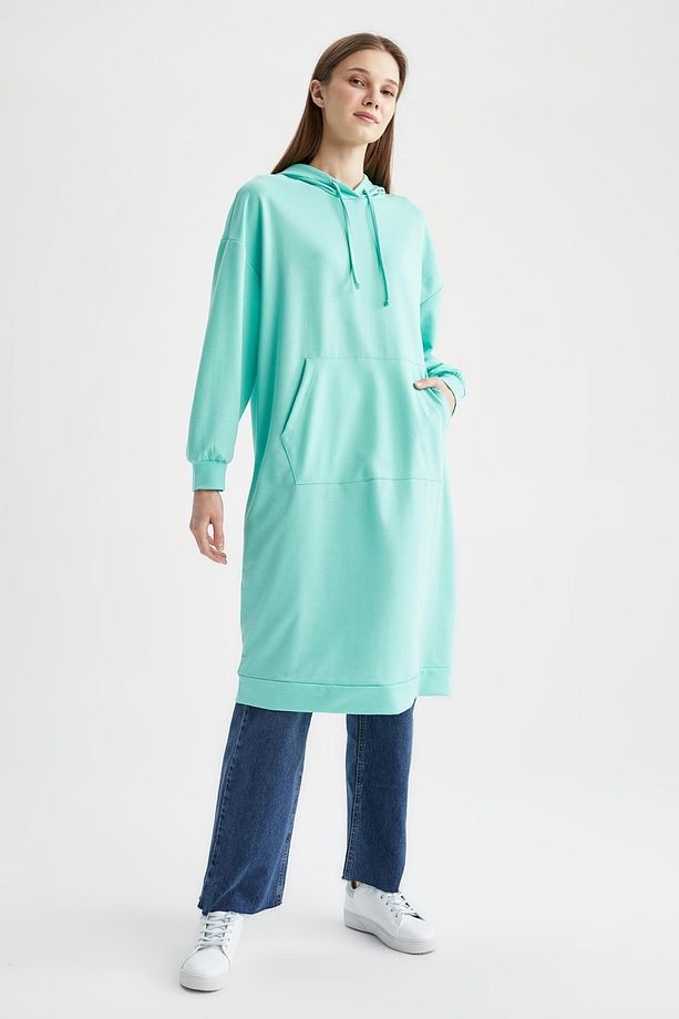 Oversize Fit Kapüşonlu Kanguru Cepli Sweatshirt Tunik - 6