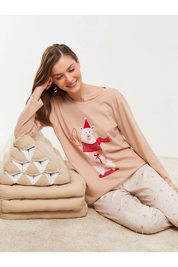 Bisiklet Yaka Yılbaşı Temalı Uzun Kollu Kadın Pijama Takımı - 1