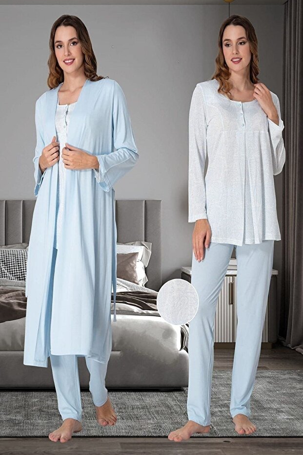 Women's Blue Dressing Gown Pregnant Maternity Pajama Set