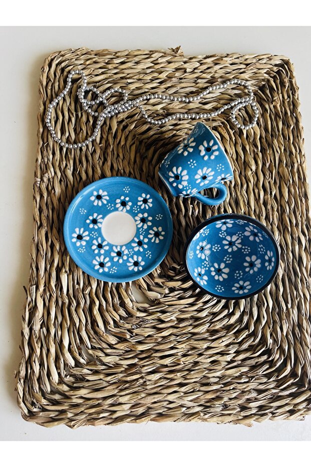 Mother's Day Special Blue Daisy Single Coffee Cup and Bowl Turkish Delight Bowl