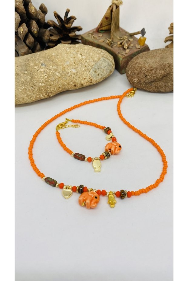 Handmade Ceramic Elephant Figure Women's Necklace Bracelet Set