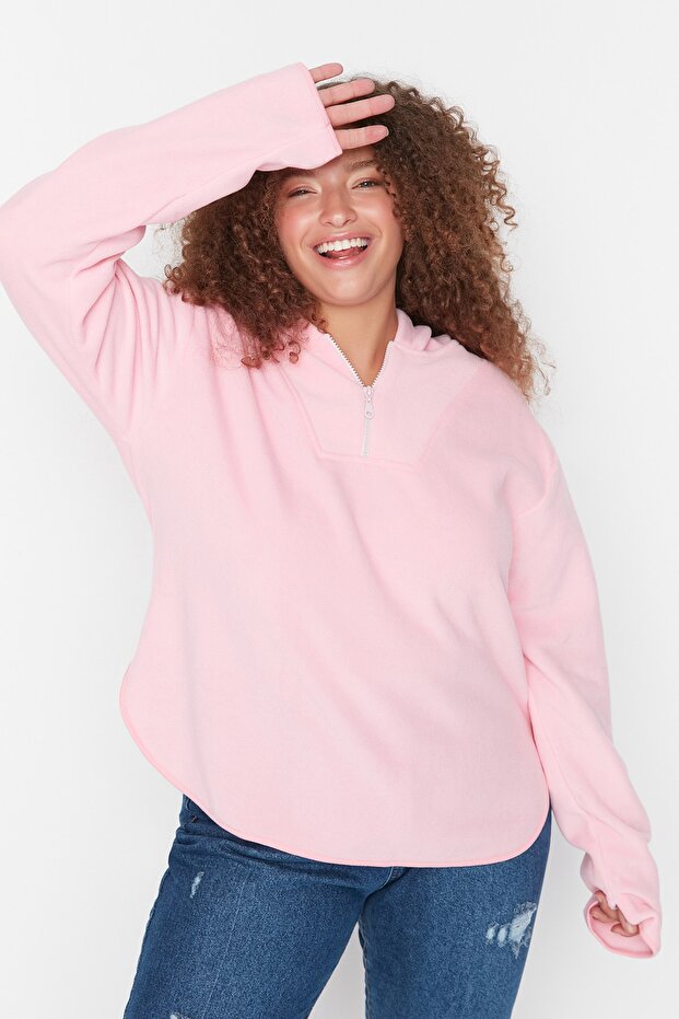 Pembe Kapüşonlu Kalın Polar Örme Büyük Beden Sweatshirt TBBAW23AO00064 - 6