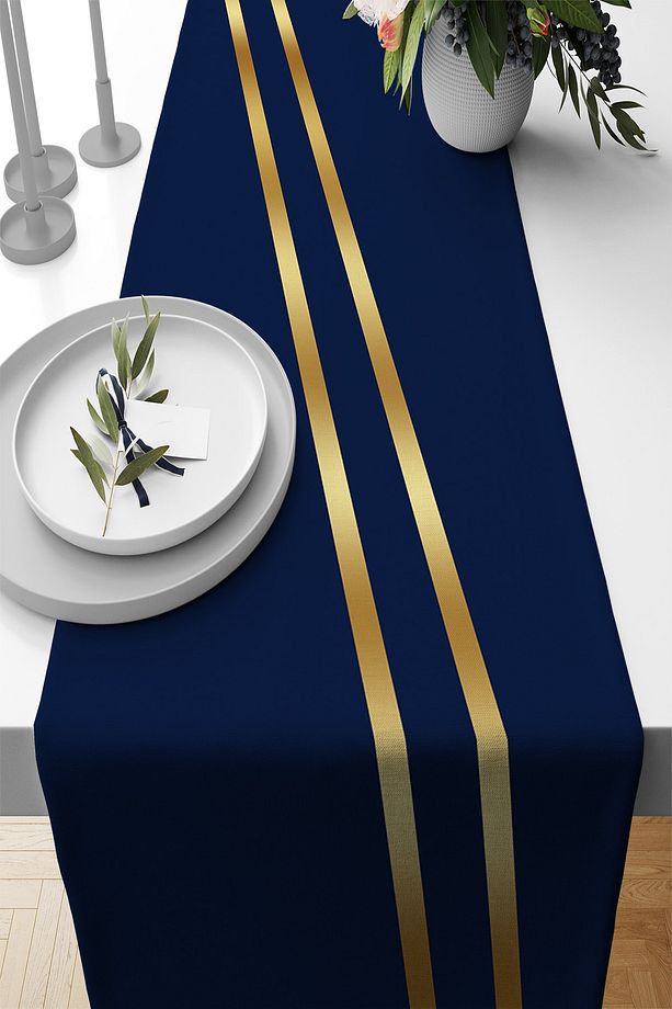 Lacivert 40 X 140 Gold Premium Süet Dokuma Kumaş Leke Tutmaz Masa Örtüsü Runner Rnr506 - 1