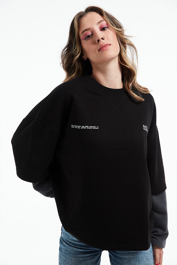 Eazy Basic Double Kol Oversize Unisex Siyah Bisiklet Yaka Kalın Sweatshirt - 4