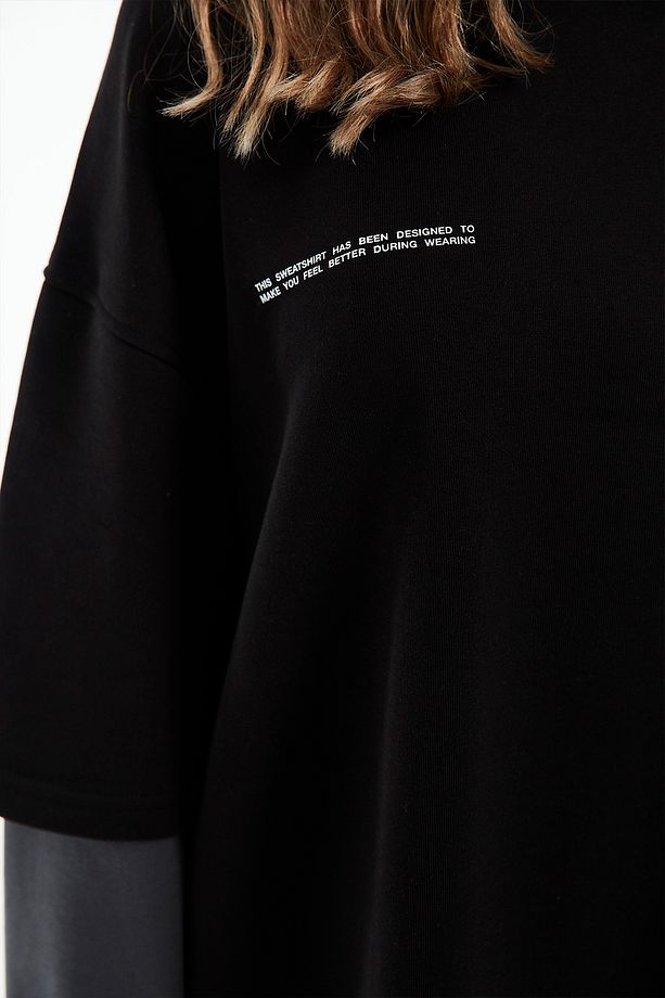 Eazy Basic Double Kol Oversize Unisex Siyah Bisiklet Yaka Kalın Sweatshirt - 6