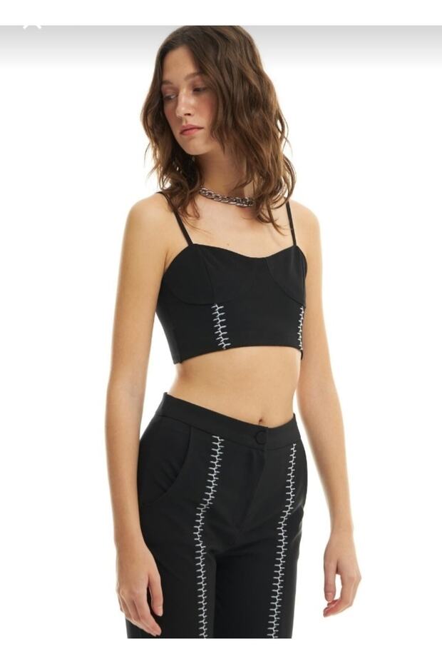 Askılı Crop Siyah Büstiyer - 2