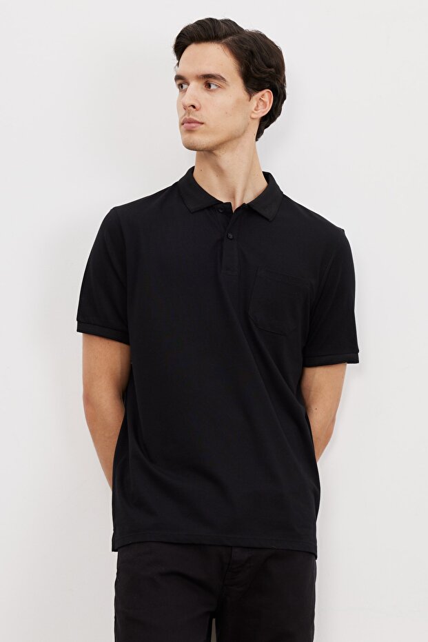 Men's Black Comfort Fit Polo Neck T-Shirt