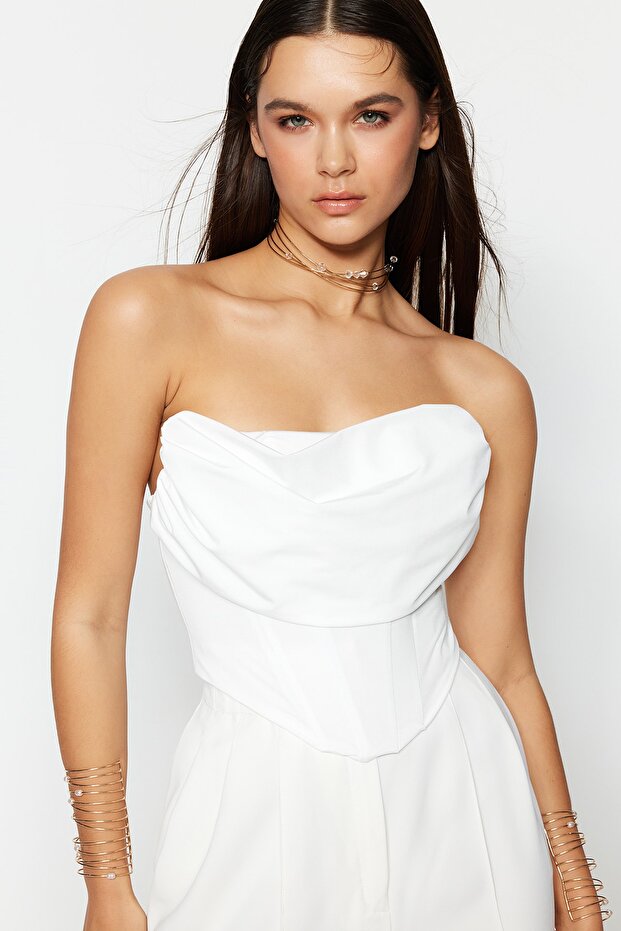 Ecru Kostice Detailní pletený satén bustier TPRSS23BS00006 - 3