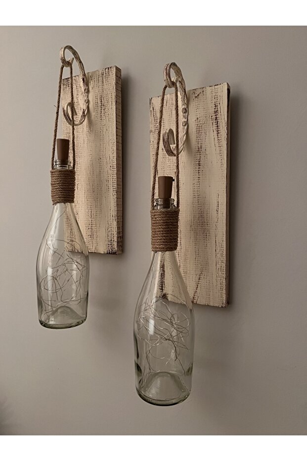 Tıpa Peri Led Işıklı Krem Kahve Cam Şampanya Şişesi Duvar Aplik 2'li Set - 6