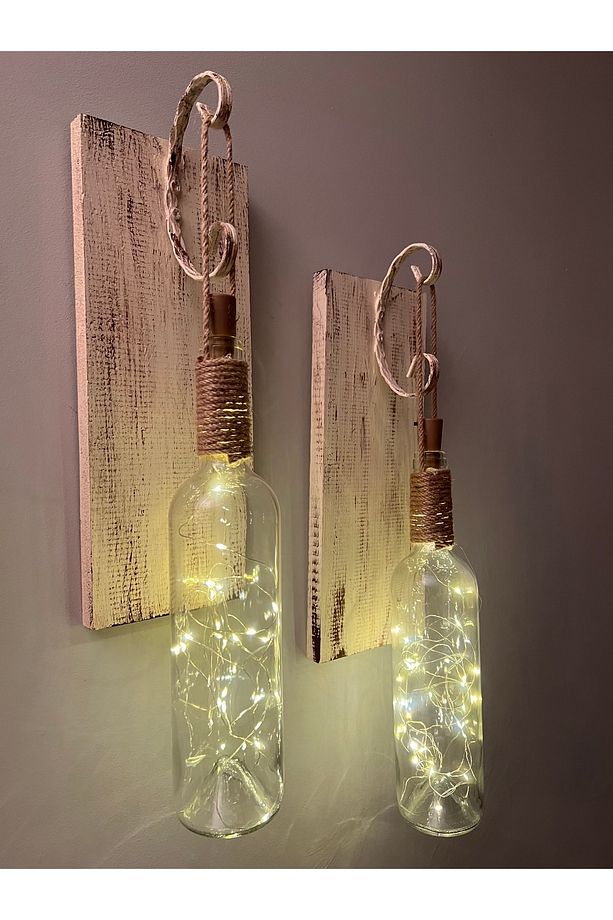 Tıpa Peri Led Işıklı Krem Kahve Cam Şarap Şişesi Duvar Aplik 2'li Set - 1