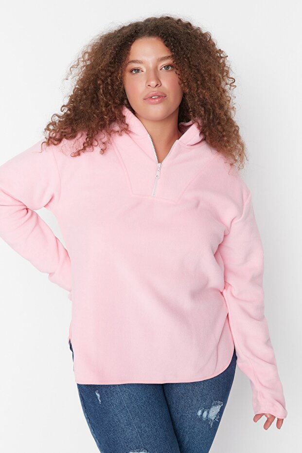 Pembe Kapüşonlu Kalın Polar Örme Büyük Beden Sweatshirt TBBAW23AO00064 - 8