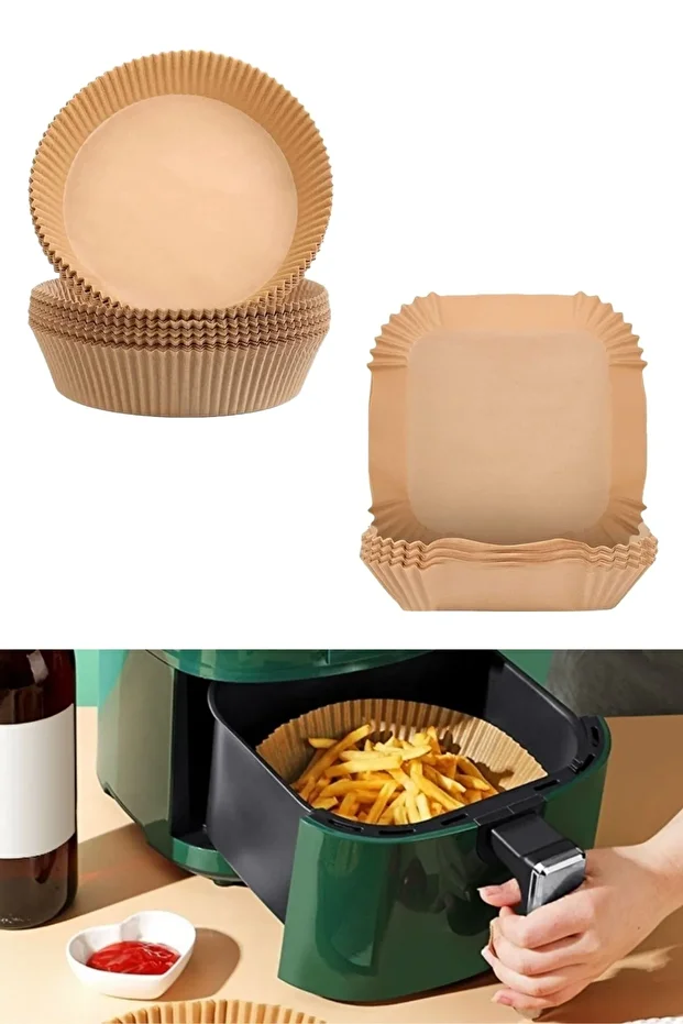 ® 200 Adet Air Fryer Pişirme Kağıdı Tek Kullanımlık Yağlı Kağıt Yuvarlak Ve Kare Tabak Model - 1