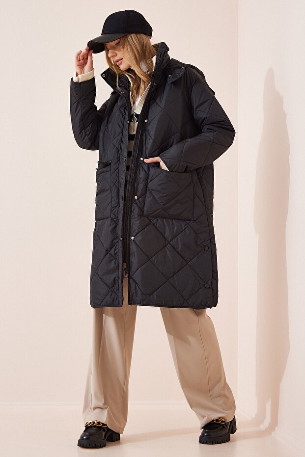 Women's Black Hooded Quilted Coat FN02999