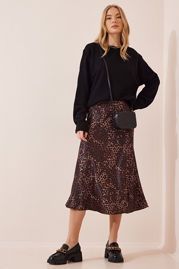 Women's Brown Patterned Satin Surface Skirt DD01142