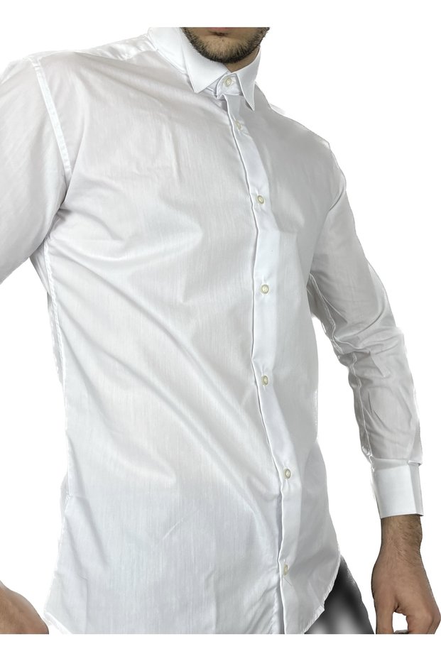 Men's White Groom Suit Ankle Collar Cufflinks Slim Fit Shirt
