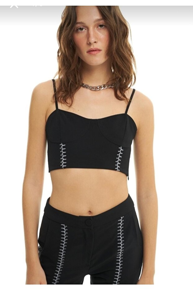 Askılı Crop Siyah Büstiyer - 1