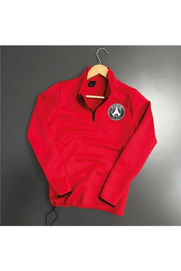 Diver Stand Collar Zippered Tracksuit Reflective Detailed Paris Printed Red Color Scuba Fabric Slim Fit