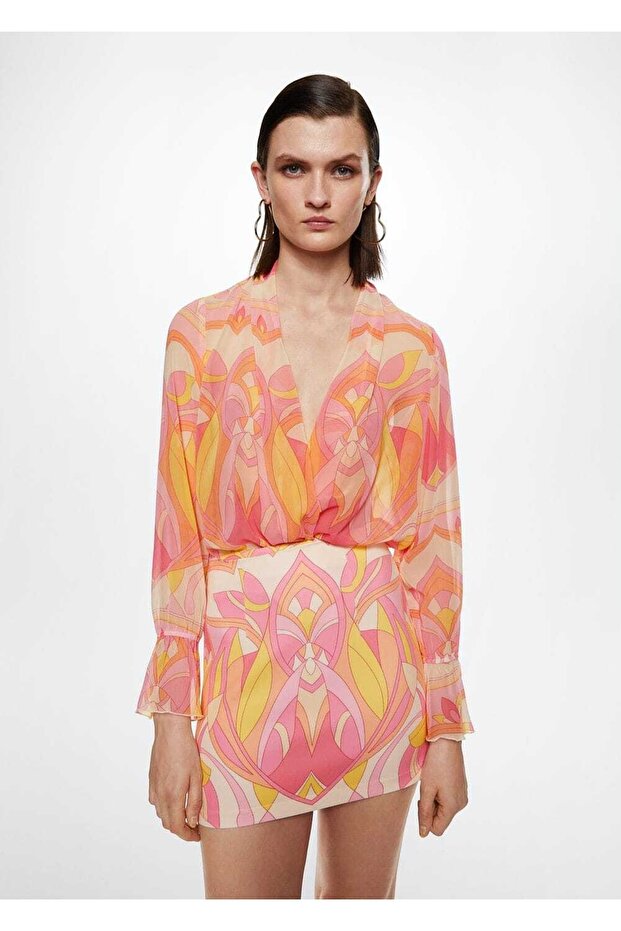 Desenli Dökümlü Bluz - 1