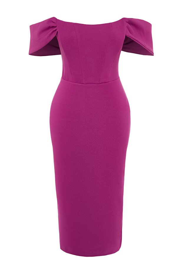 Lila, figurbetontes, gewebtes, stilvolles Abendkleid mit Korsettdetail, Nachtabendkleid TPRSS22EL00097 - 8